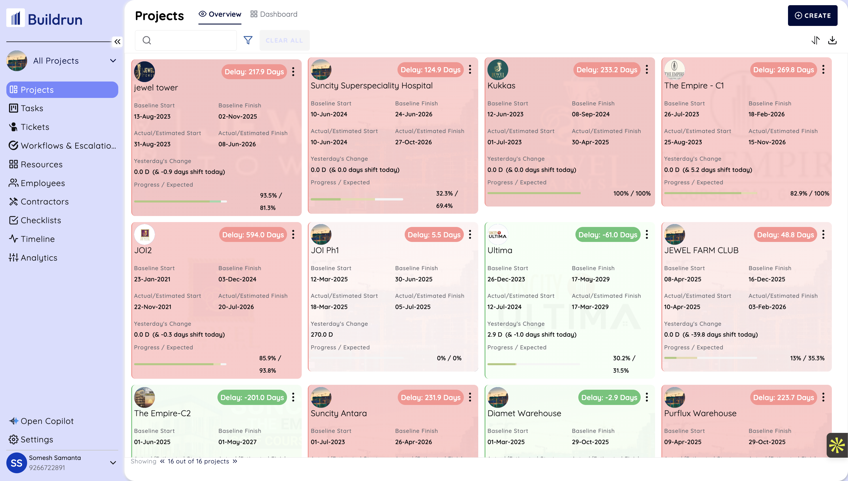 Buildrun Projects Overview - 16 live projects with real-time delay tracking